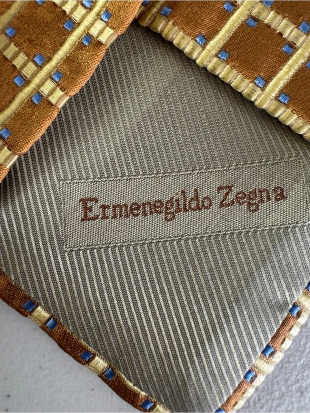 Ermenegildo Zegna Silk Necktie Gold Geometric Grid Luxury Designer Tie Classic